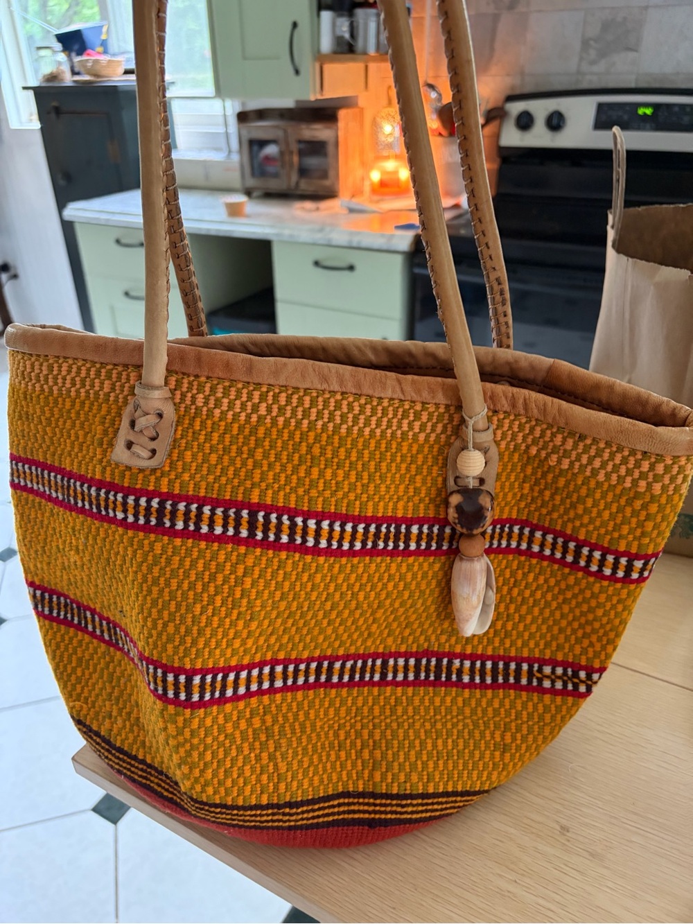 Handwoven Yellow Striped Tote Bag with Shell Charm
